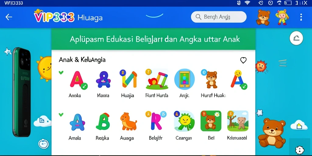 Screenshot aplikasi VIP333 menampilkan antarmuka belajar huruf dan angka yang interaktif.